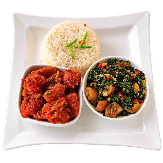 White Rice, Stir Fry Efo & Peppered Ponmo