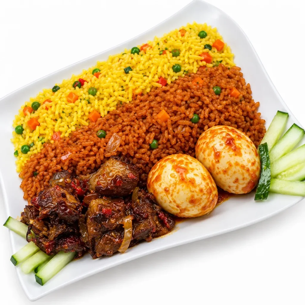 Mixed Rice, Peppered Goat Meat & Boiled Eggs